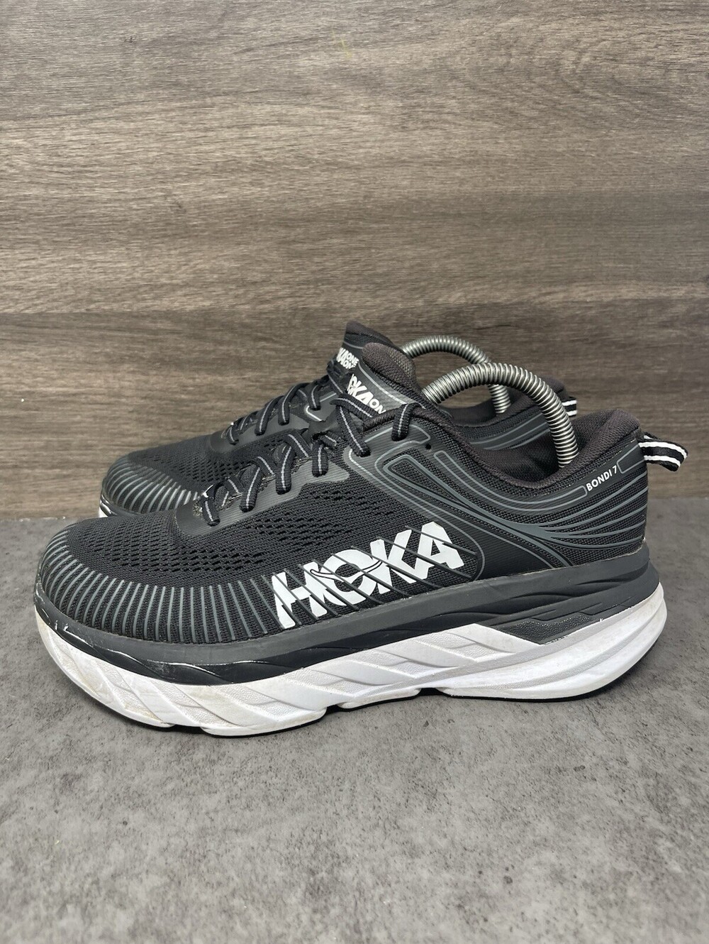HOKA Bondi 7 Womens Size 8.5 Wide Black White Max Cushion Running Walking Shoes